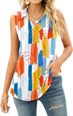 AKEWEI Sleeveless Tops for Women - Summer V Neck Casual Tank Tops Loose Solid Collar Polo Shirts