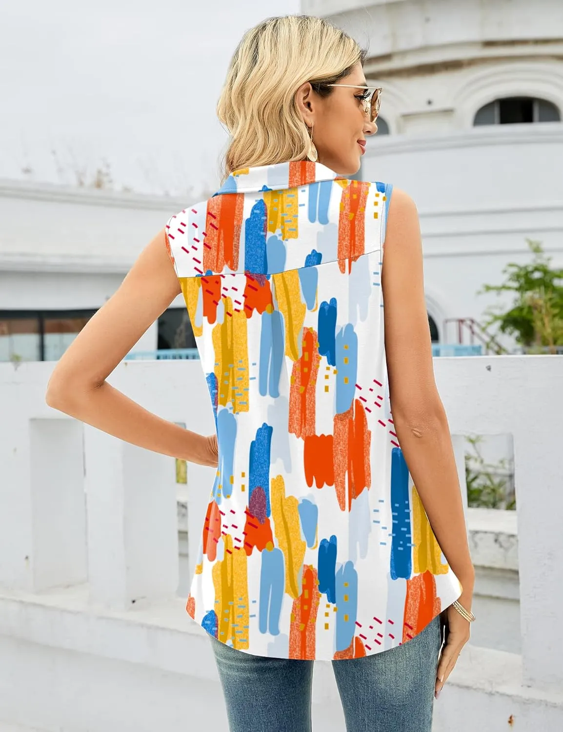 AKEWEI Sleeveless Tops for Women - Summer V Neck Casual Tank Tops Loose Solid Collar Polo Shirts