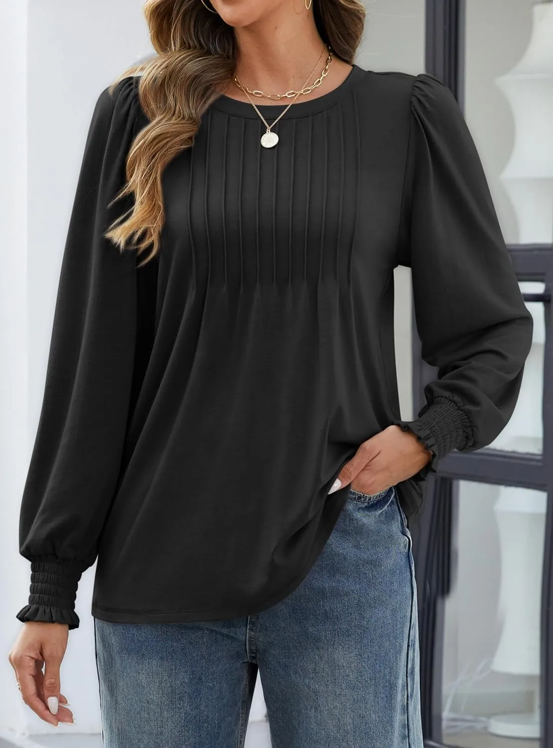 ATHMILE Womens Long Sleeve Shirts Crew Neck Tops Pleated Business Casual Blouses with Smocked Cuffs Trendy T-Shirts