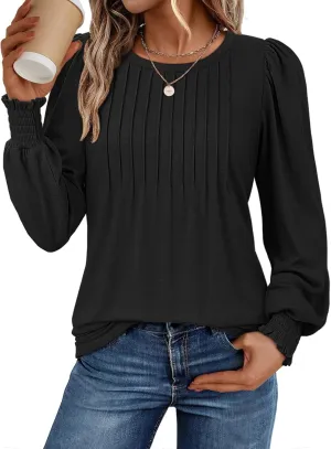 ATHMILE Womens Long Sleeve Shirts Crew Neck Tops Pleated Business Casual Blouses with Smocked Cuffs Trendy T-Shirts