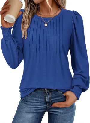 ATHMILE Womens Long Sleeve Shirts Crew Neck Tops Pleated Business Casual Blouses with Smocked Cuffs Trendy T-Shirts