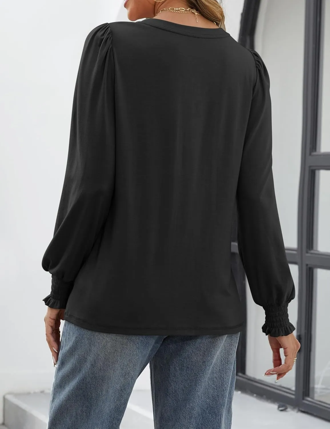 ATHMILE Womens Long Sleeve Shirts Crew Neck Tops Pleated Business Casual Blouses with Smocked Cuffs Trendy T-Shirts