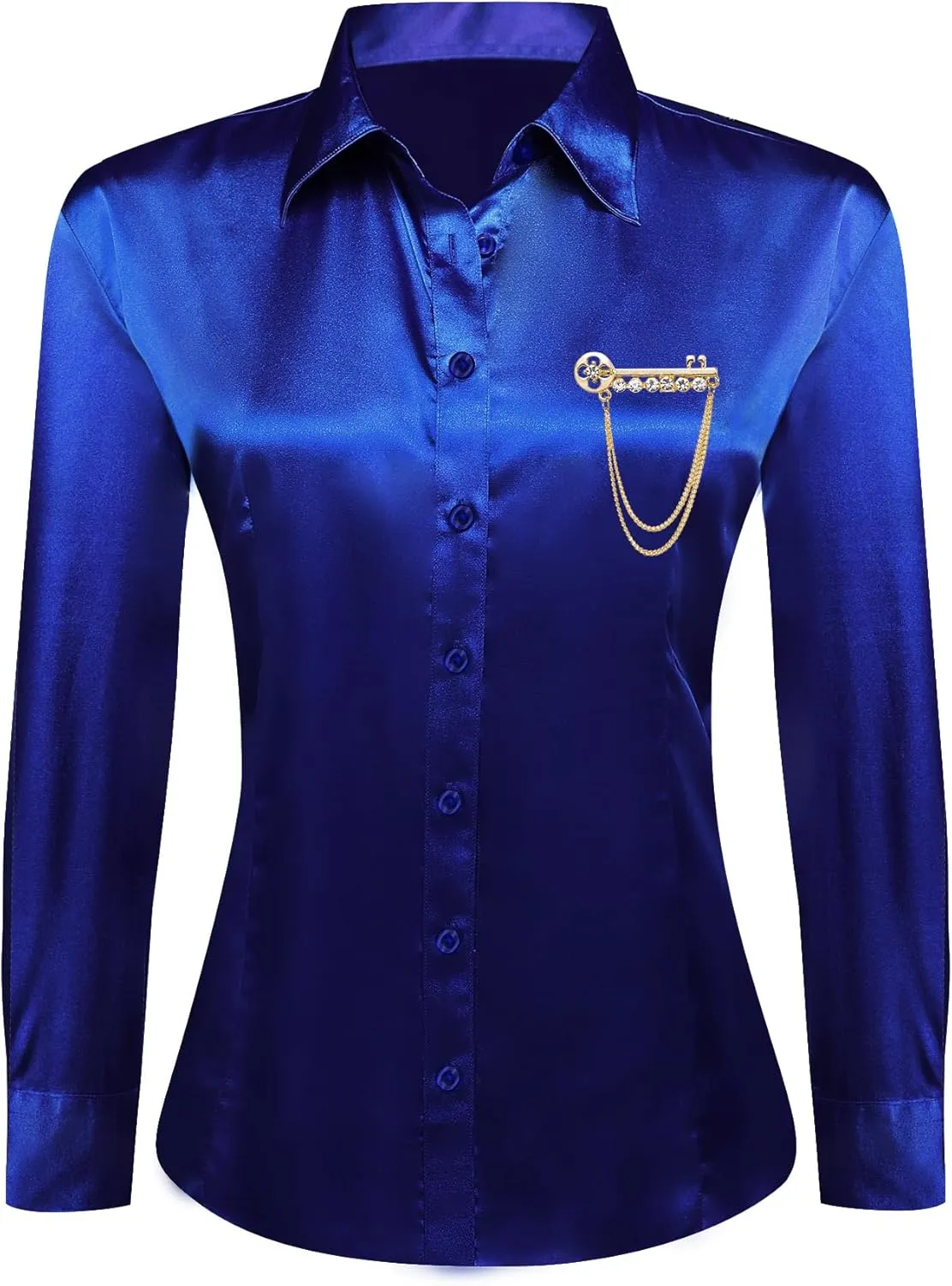 Barry.Wang Women's Stretch Dress Shirts Long Sleeve Button Down Shirt with Brooch Blouses Bussiness Casual Slim-Fit Tops