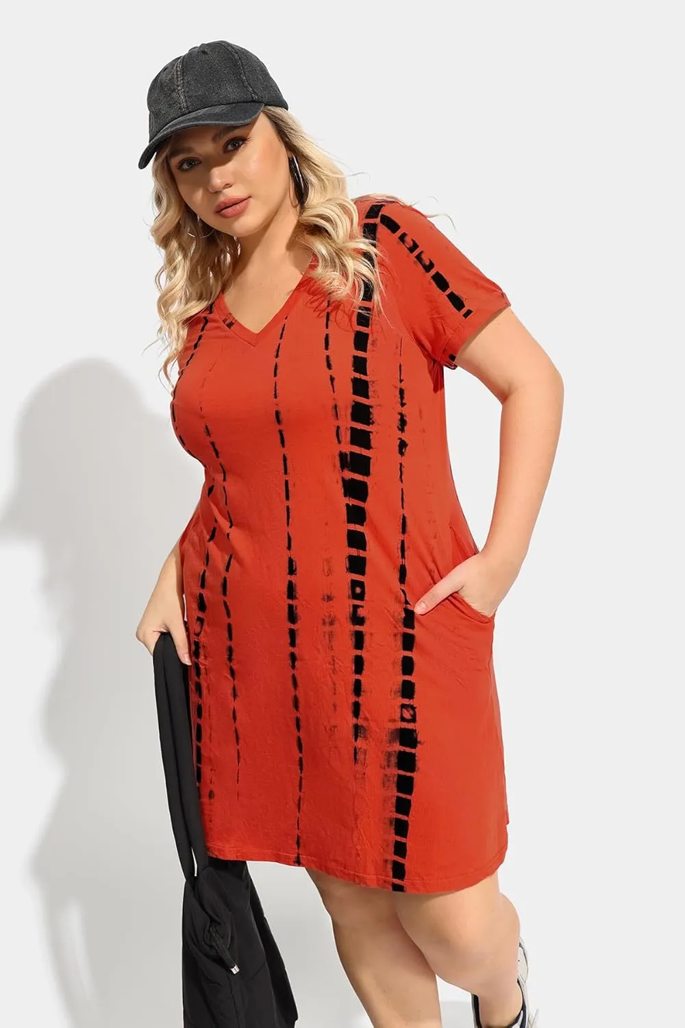CARCOS Women's Plus Size Casual Loose Dresses Summer Short Sleeve V Neck Tie-dye Designed T Shirt Dresses with Pocket XL-5XL