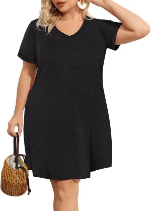 CARCOS Women's Plus Size Casual Loose Dresses Summer Short Sleeve V Neck Tie-dye Designed T Shirt Dresses with Pocket XL-5XL