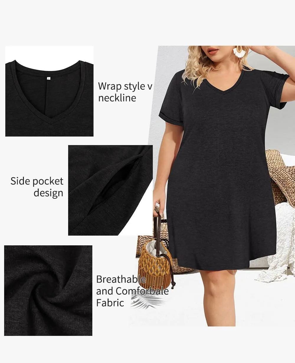 CARCOS Women's Plus Size Casual Loose Dresses Summer Short Sleeve V Neck Tie-dye Designed T Shirt Dresses with Pocket XL-5XL