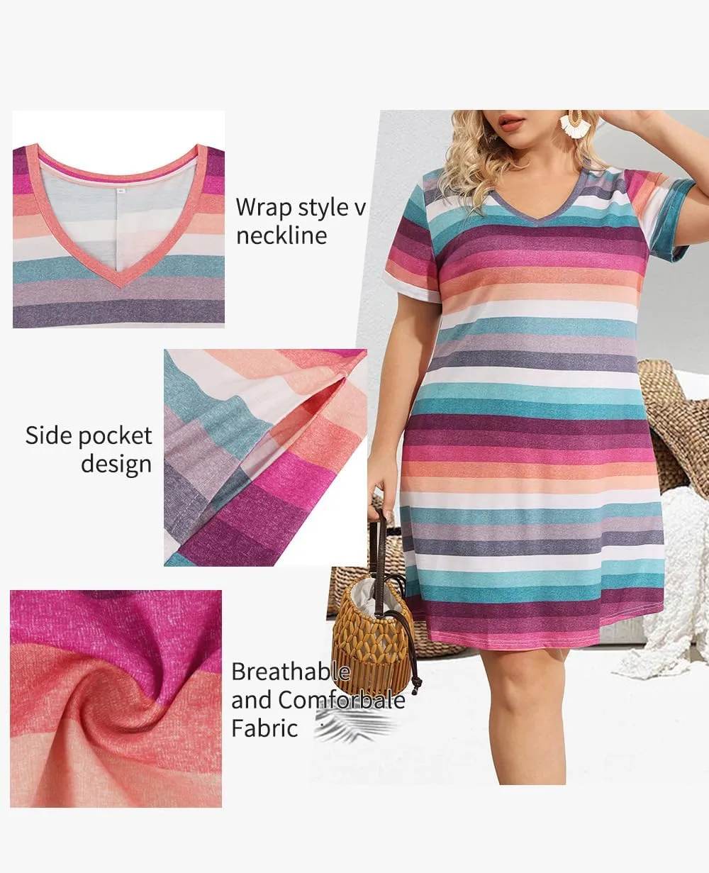 CARCOS Women's Plus Size Casual Loose Dresses Summer Short Sleeve V Neck Tie-dye Designed T Shirt Dresses with Pocket XL-5XL