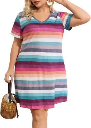 CARCOS Women's Plus Size Casual Loose Dresses Summer Short Sleeve V Neck Tie-dye Designed T Shirt Dresses with Pocket XL-5XL