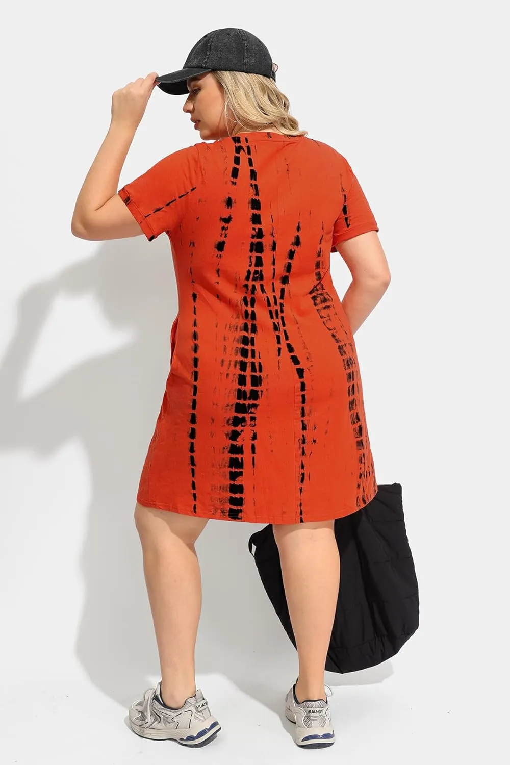 CARCOS Women's Plus Size Casual Loose Dresses Summer Short Sleeve V Neck Tie-dye Designed T Shirt Dresses with Pocket XL-5XL