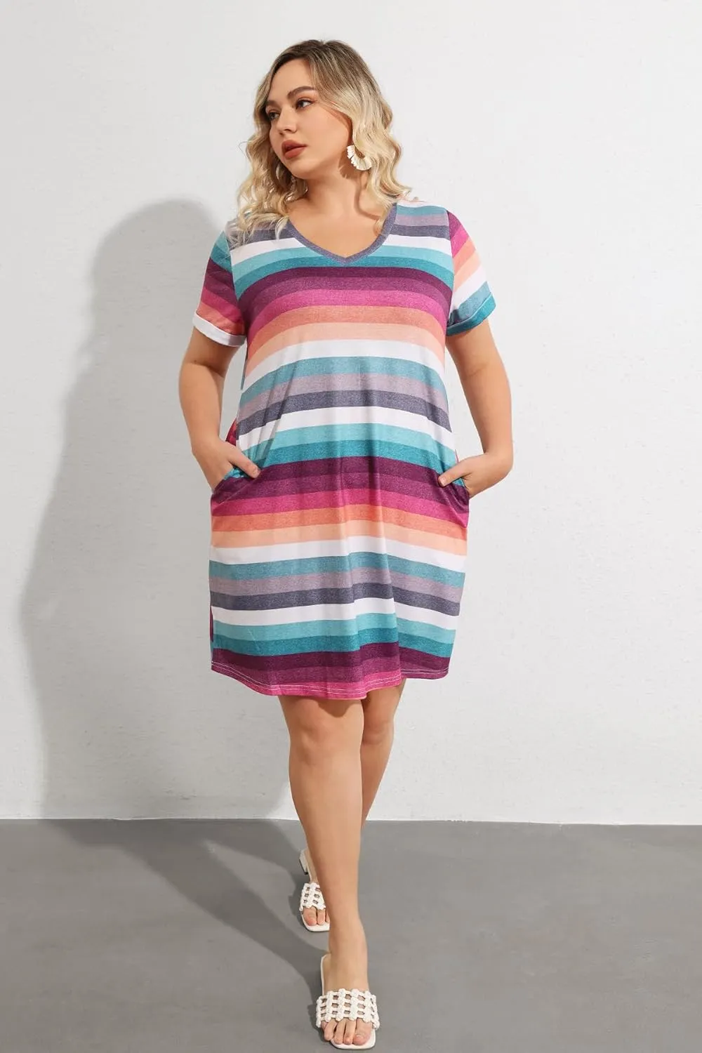 CARCOS Women's Plus Size Casual Loose Dresses Summer Short Sleeve V Neck Tie-dye Designed T Shirt Dresses with Pocket XL-5XL