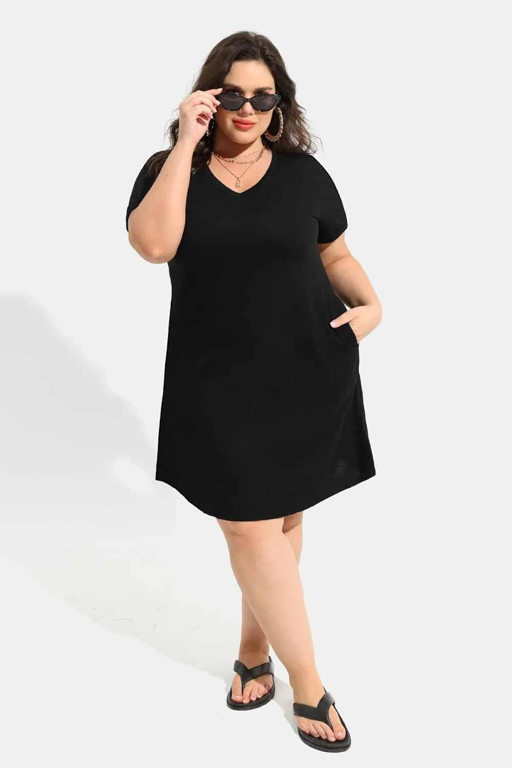 CARCOS Women's Plus Size Casual Loose Dresses Summer Short Sleeve V Neck Tie-dye Designed T Shirt Dresses with Pocket XL-5XL