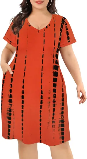 CARCOS Women's Plus Size Casual Loose Dresses Summer Short Sleeve V Neck Tie-dye Designed T Shirt Dresses with Pocket XL-5XL