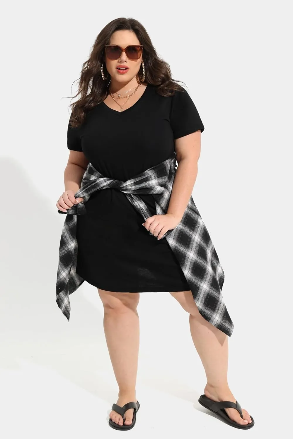 CARCOS Women's Plus Size Casual Loose Dresses Summer Short Sleeve V Neck Tie-dye Designed T Shirt Dresses with Pocket XL-5XL