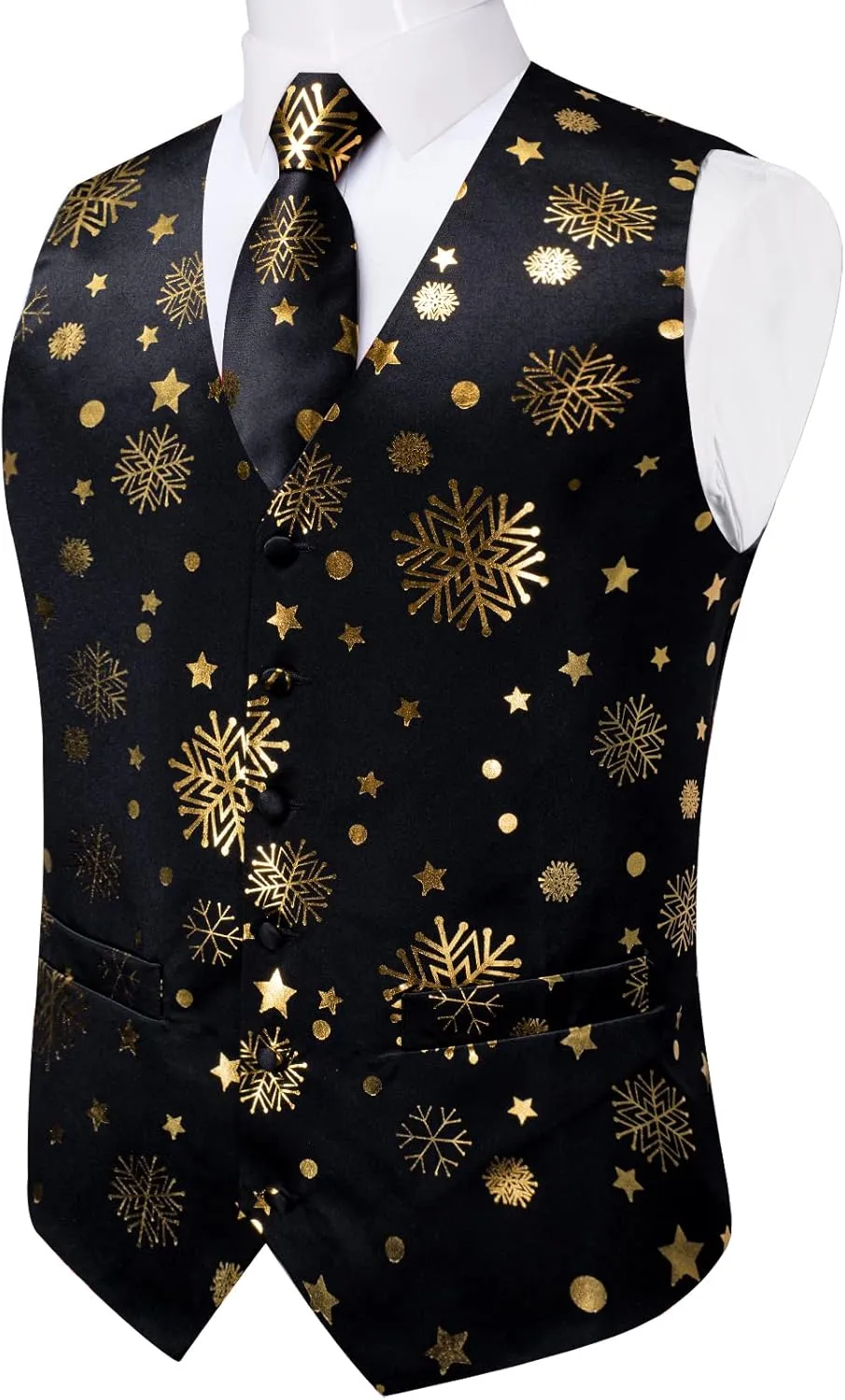 DiBanGu Christmas Men's Suit Vest and Tie Snowflake Waistcoat Necktie Pocket Square Cufflinks Set Festival Party Gifts