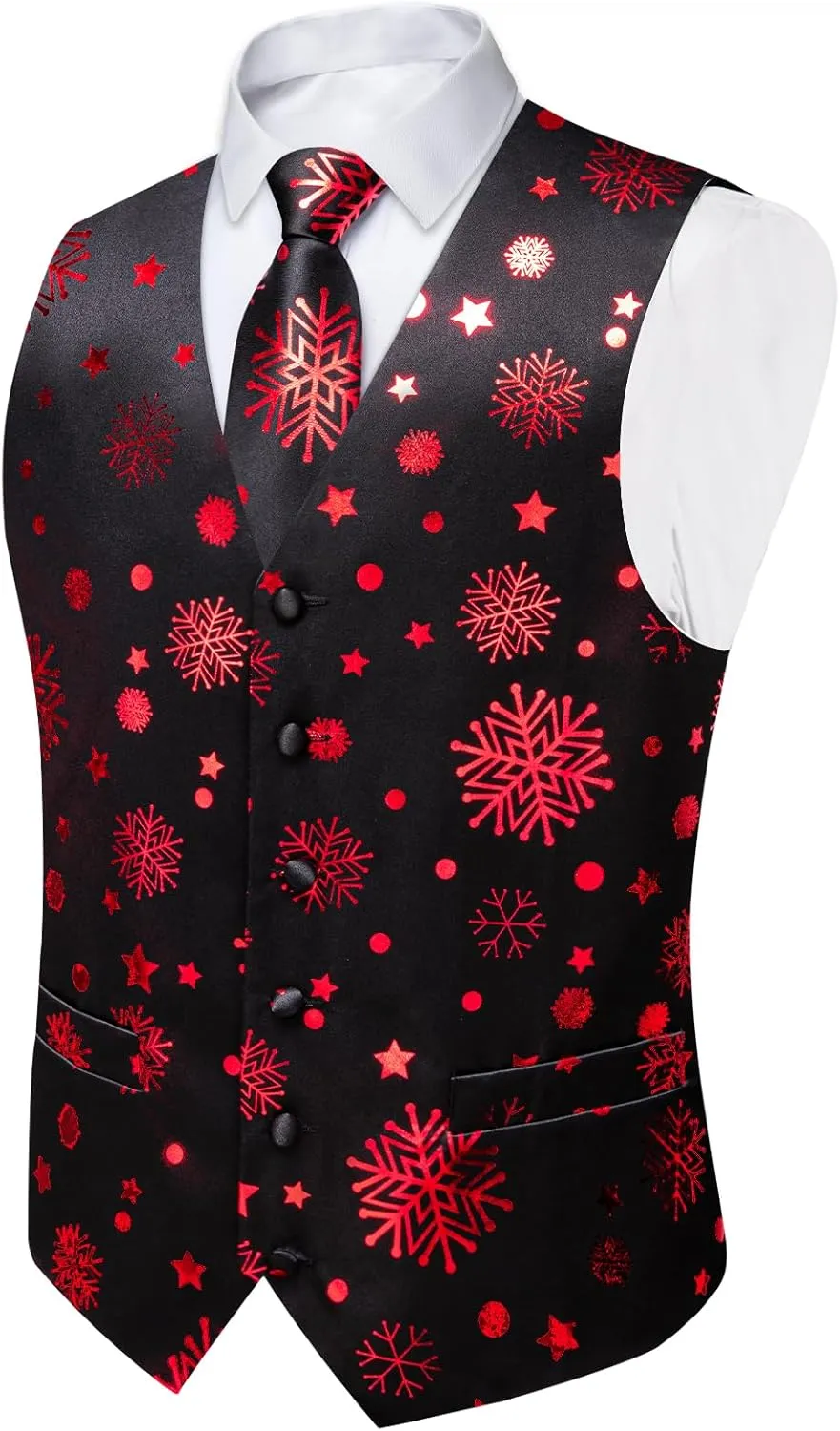 DiBanGu Christmas Men's Suit Vest and Tie Snowflake Waistcoat Necktie Pocket Square Cufflinks Set Festival Party Gifts
