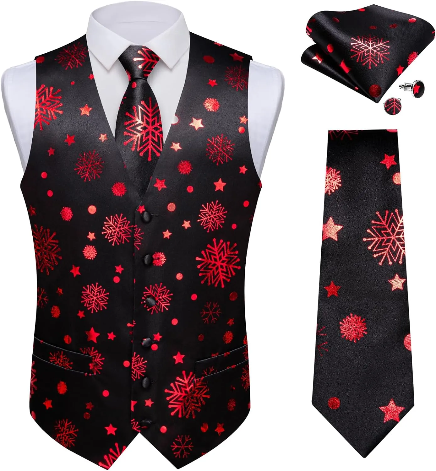 DiBanGu Christmas Men's Suit Vest and Tie Snowflake Waistcoat Necktie Pocket Square Cufflinks Set Festival Party Gifts