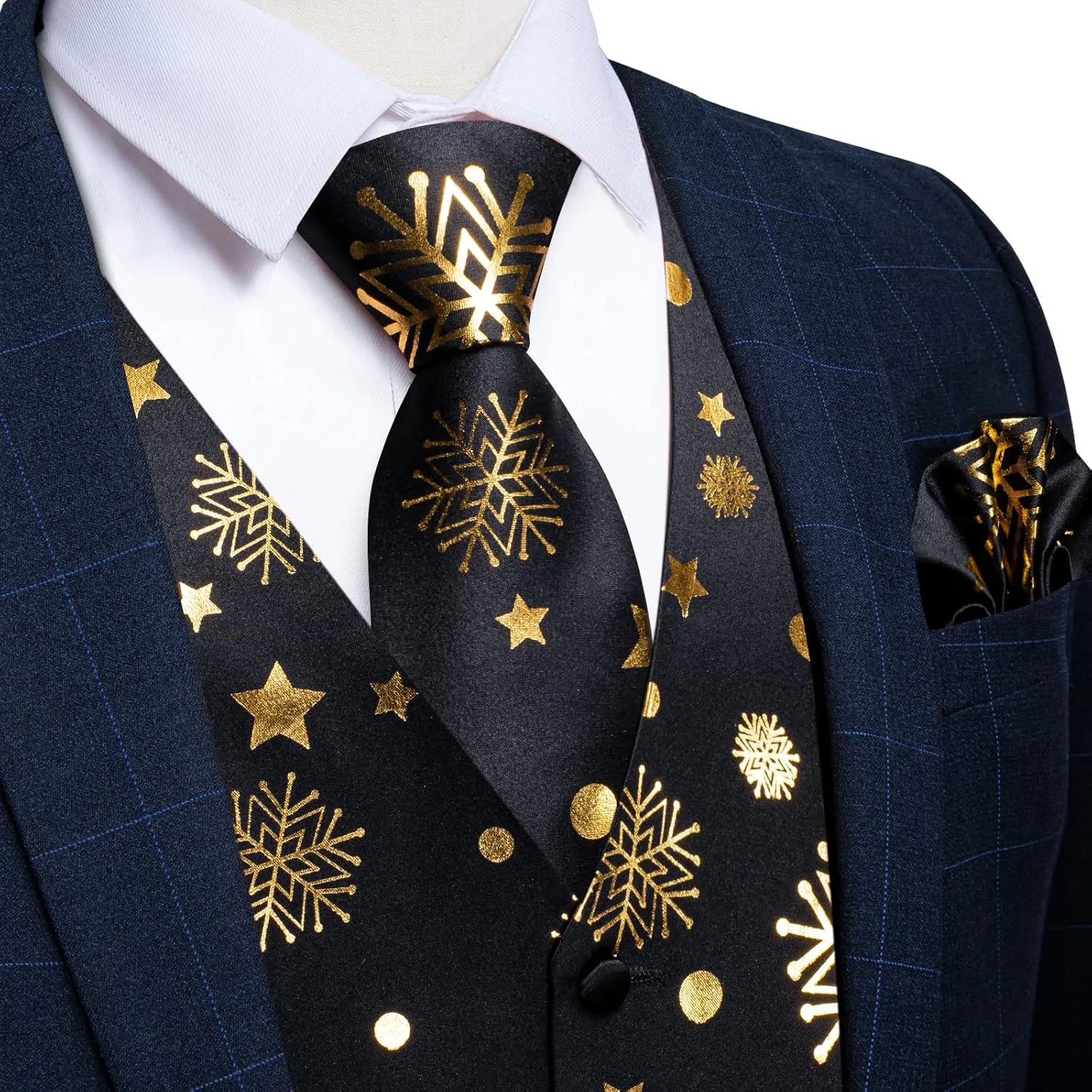 DiBanGu Christmas Men's Suit Vest and Tie Snowflake Waistcoat Necktie Pocket Square Cufflinks Set Festival Party Gifts