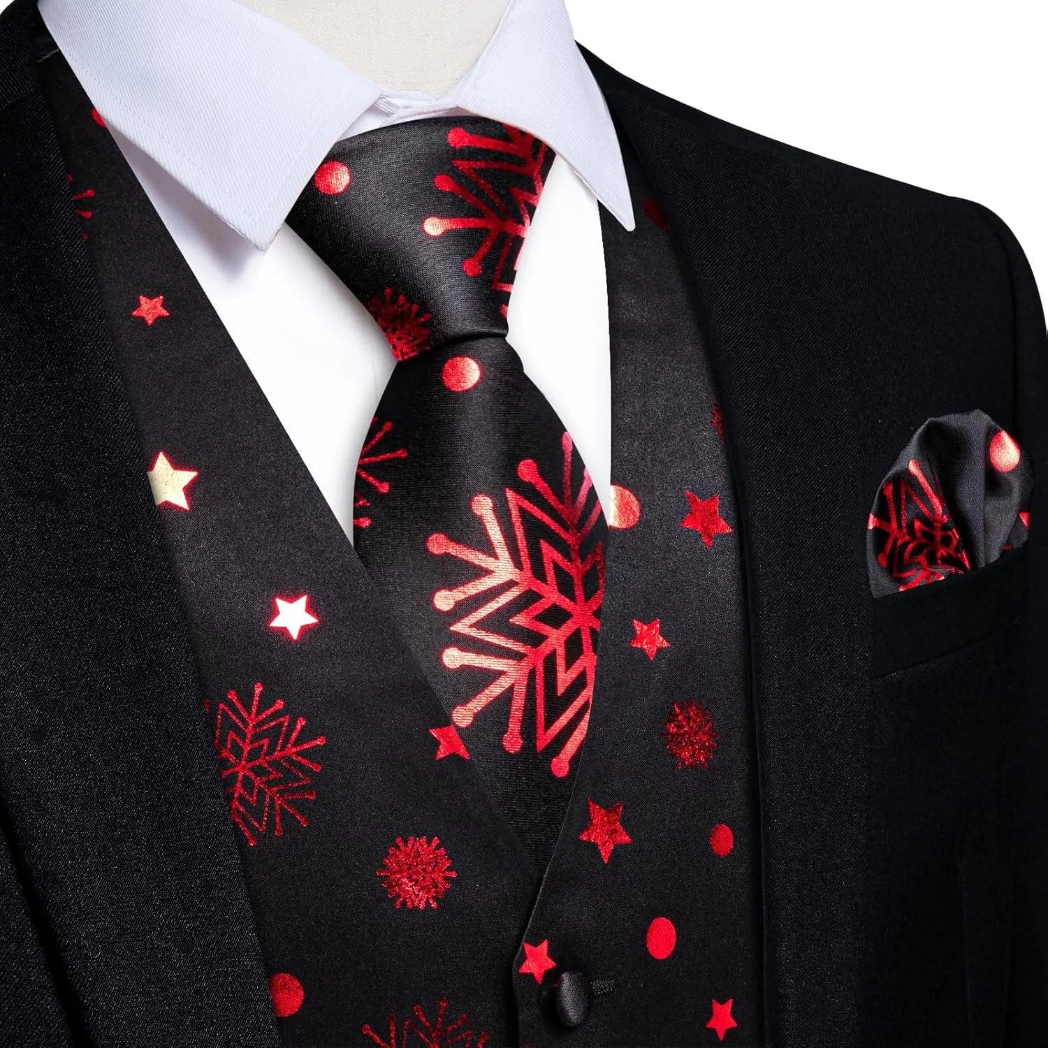 DiBanGu Christmas Men's Suit Vest and Tie Snowflake Waistcoat Necktie Pocket Square Cufflinks Set Festival Party Gifts