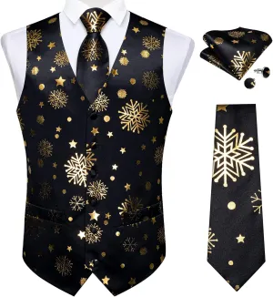 DiBanGu Christmas Men's Suit Vest and Tie Snowflake Waistcoat Necktie Pocket Square Cufflinks Set Festival Party Gifts