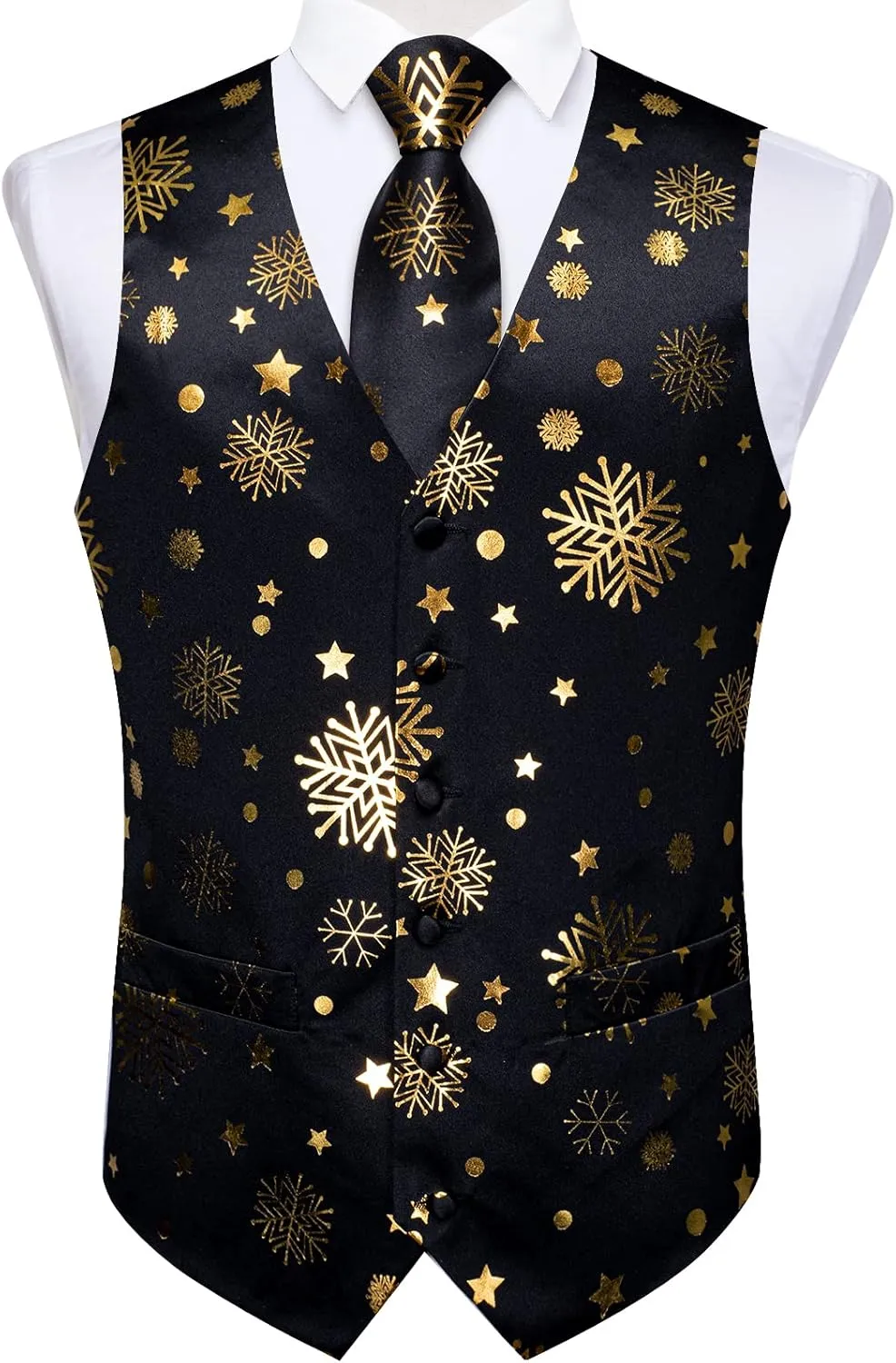 DiBanGu Christmas Men's Suit Vest and Tie Snowflake Waistcoat Necktie Pocket Square Cufflinks Set Festival Party Gifts