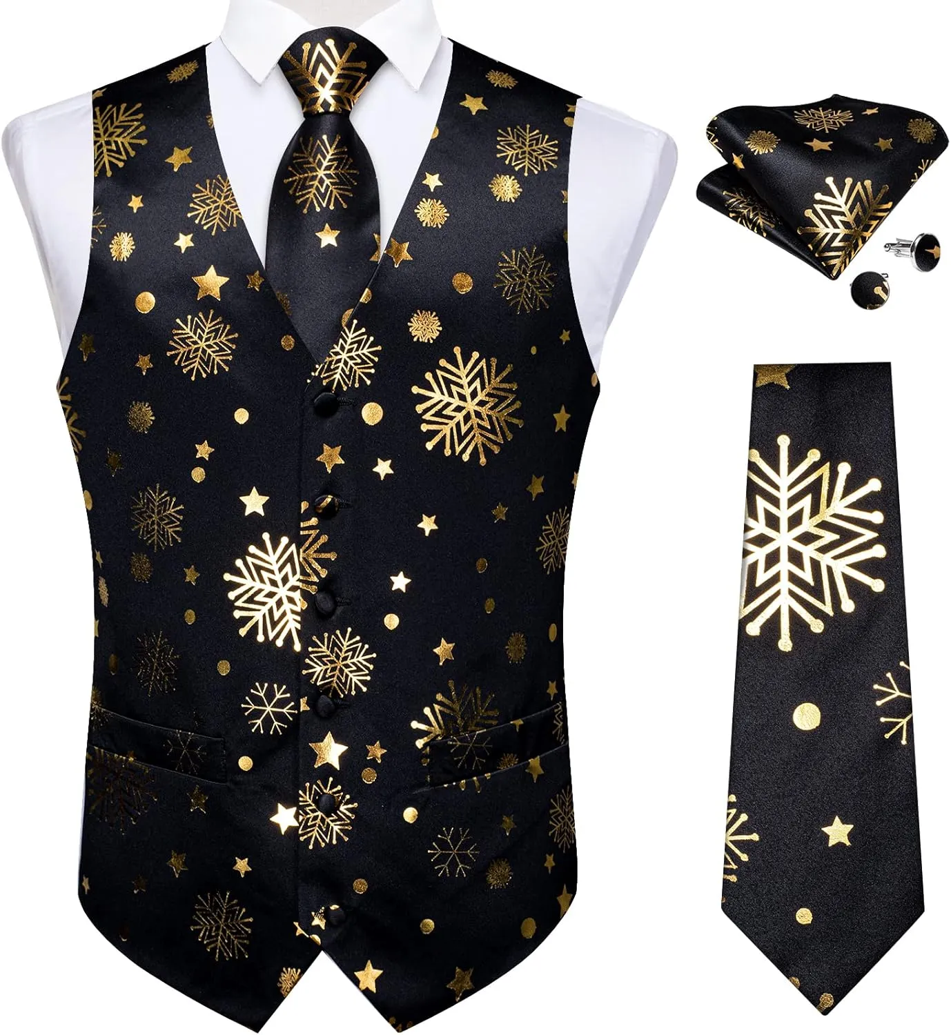 DiBanGu Christmas Men's Suit Vest and Tie Snowflake Waistcoat Necktie Pocket Square Cufflinks Set Festival Party Gifts