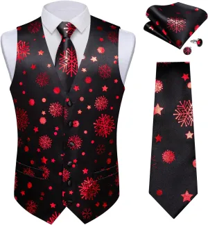 DiBanGu Christmas Men's Suit Vest and Tie Snowflake Waistcoat Necktie Pocket Square Cufflinks Set Festival Party Gifts