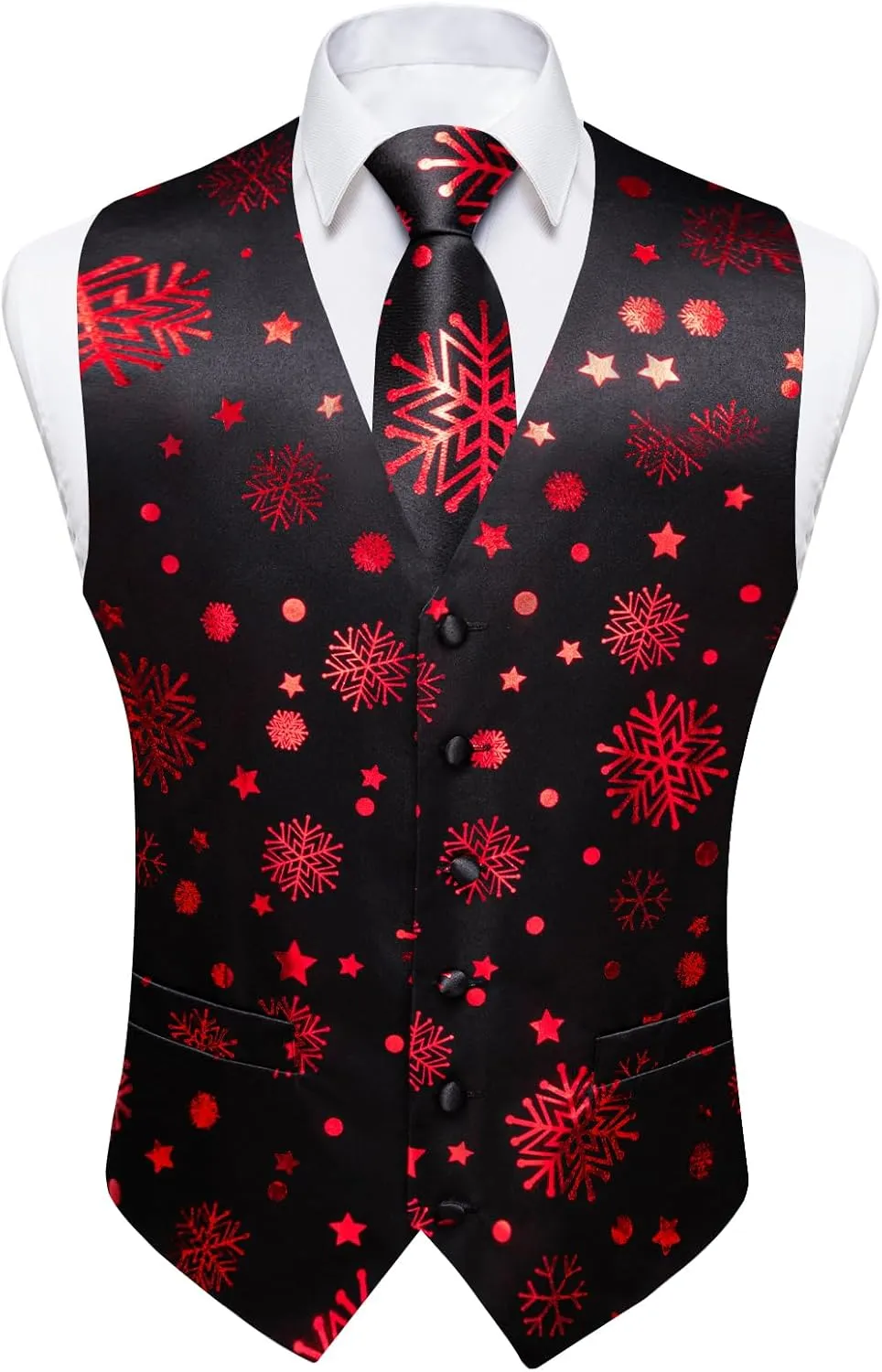 DiBanGu Christmas Men's Suit Vest and Tie Snowflake Waistcoat Necktie Pocket Square Cufflinks Set Festival Party Gifts
