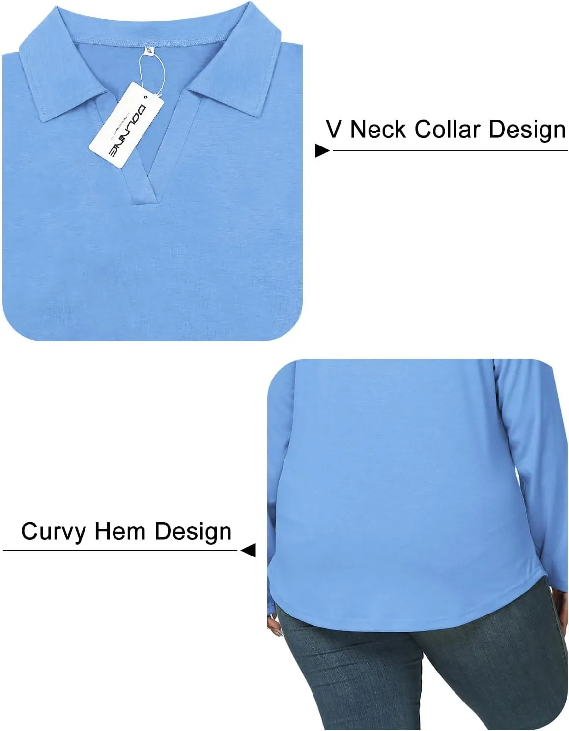 DOLNINE Womens Plus-Size-Polo-Shirts Classic V Neck Casual Solid Color Long Sleeve Collared Loose Tunic Tops XL-5XL