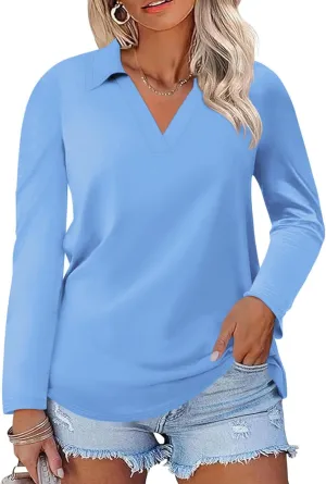 DOLNINE Womens Plus-Size-Polo-Shirts Classic V Neck Casual Solid Color Long Sleeve Collared Loose Tunic Tops XL-5XL