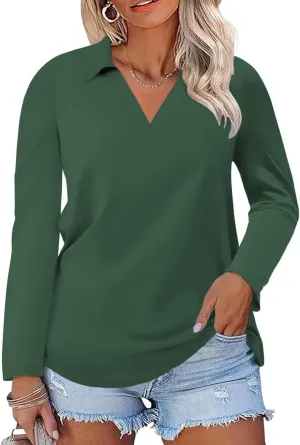 DOLNINE Womens Plus-Size-Polo-Shirts Classic V Neck Casual Solid Color Long Sleeve Collared Loose Tunic Tops XL-5XL