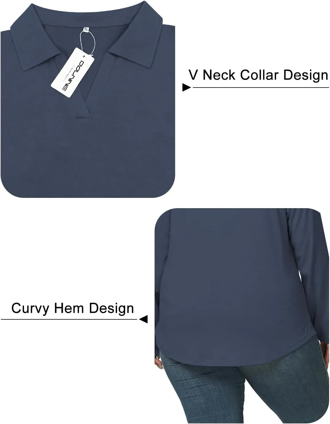 DOLNINE Womens Plus-Size-Polo-Shirts Classic V Neck Casual Solid Color Long Sleeve Collared Loose Tunic Tops XL-5XL