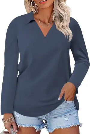 DOLNINE Womens Plus-Size-Polo-Shirts Classic V Neck Casual Solid Color Long Sleeve Collared Loose Tunic Tops XL-5XL