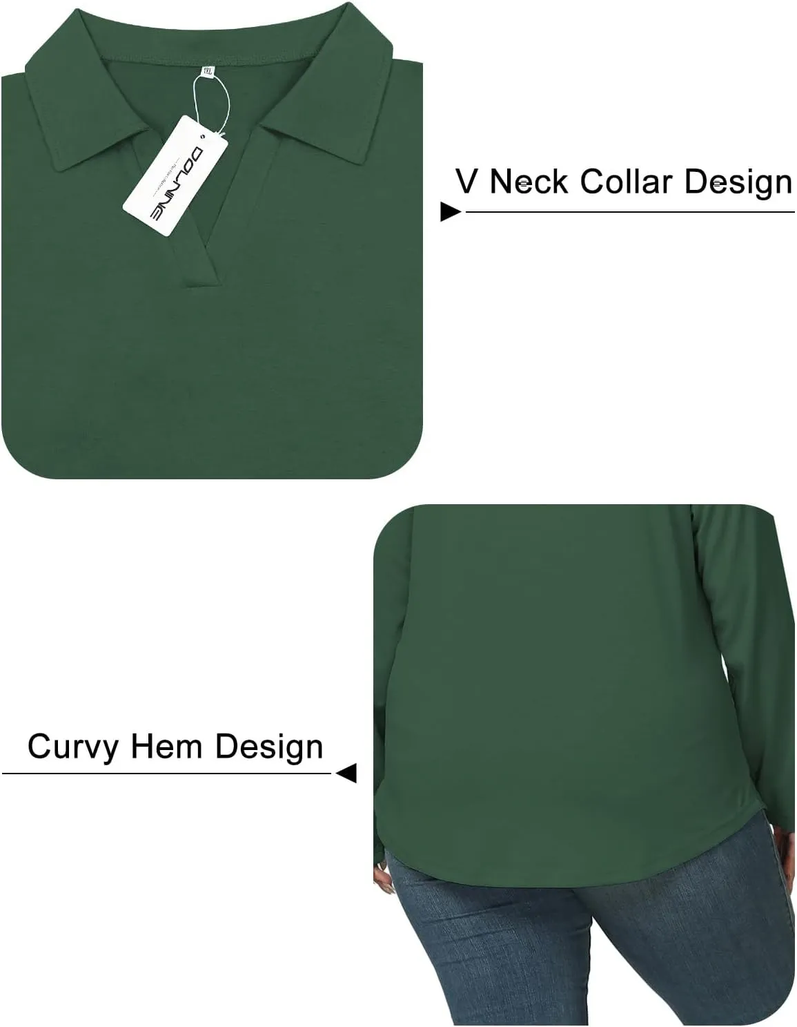 DOLNINE Womens Plus-Size-Polo-Shirts Classic V Neck Casual Solid Color Long Sleeve Collared Loose Tunic Tops XL-5XL