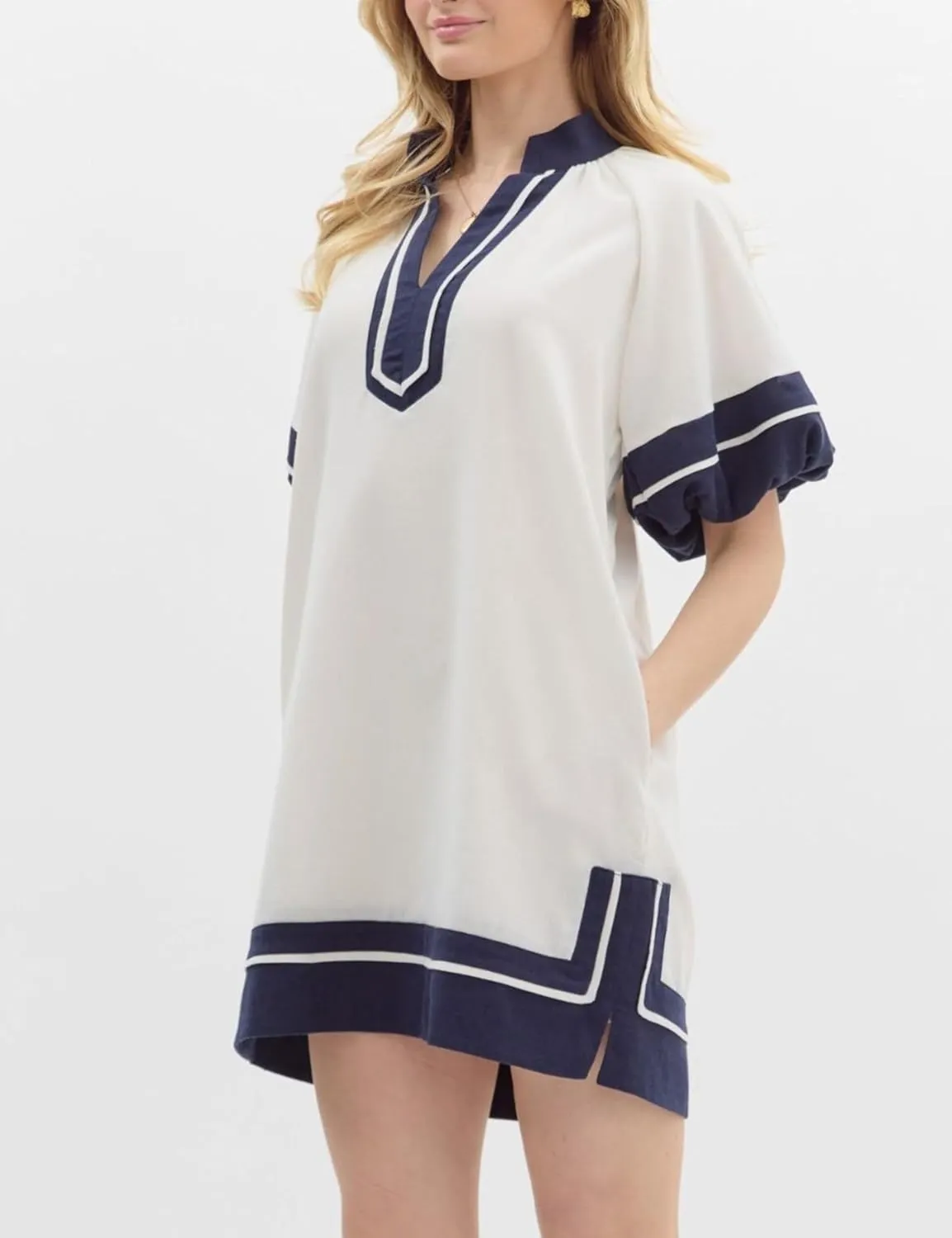 Esmeling Womens Color Block Pullover Dress V Neck Puff Sleeve Shirt Dress Casual Mini Dress with Pockets