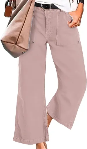 Flamingals Straight Wide Leg Jeans for Women Mid Waisted Casual Raw Hem Denim Capris Pants with Pockets