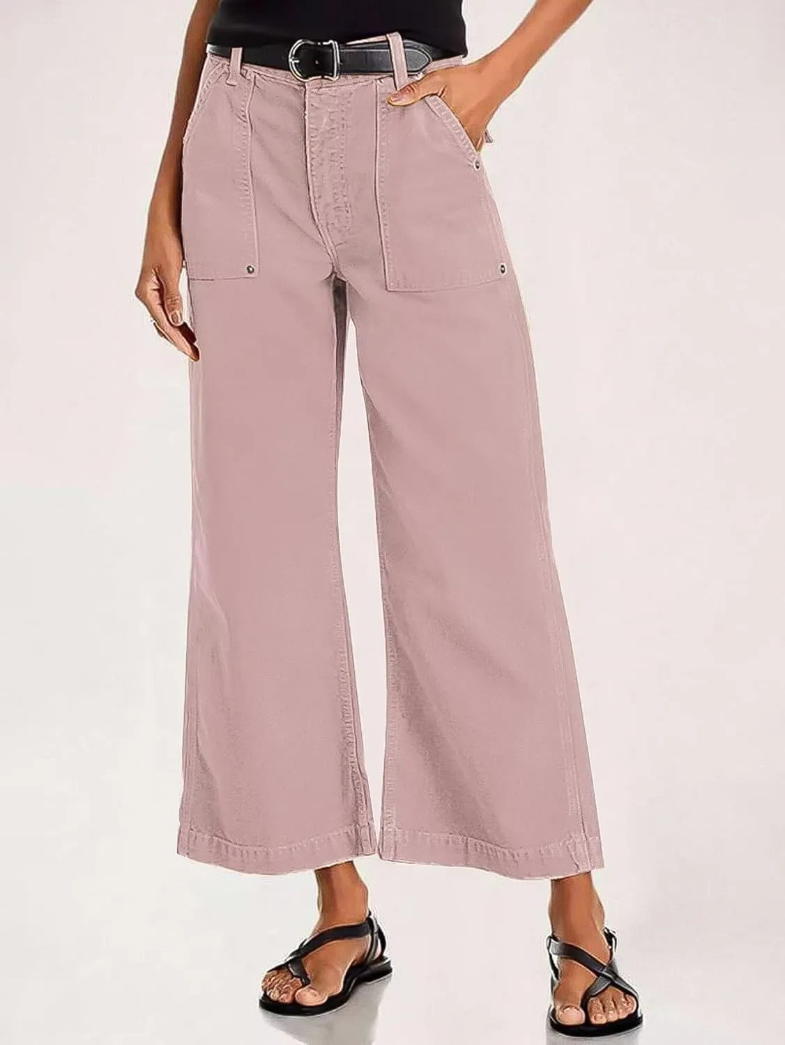 Flamingals Straight Wide Leg Jeans for Women Mid Waisted Casual Raw Hem Denim Capris Pants with Pockets