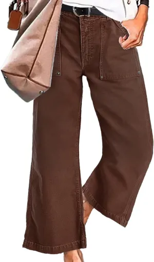 Flamingals Straight Wide Leg Jeans for Women Mid Waisted Casual Raw Hem Denim Capris Pants with Pockets