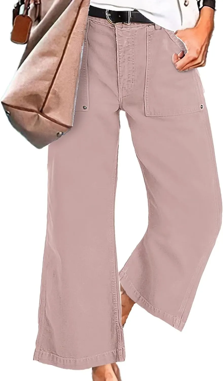 Flamingals Straight Wide Leg Jeans for Women Mid Waisted Casual Raw Hem Denim Capris Pants with Pockets