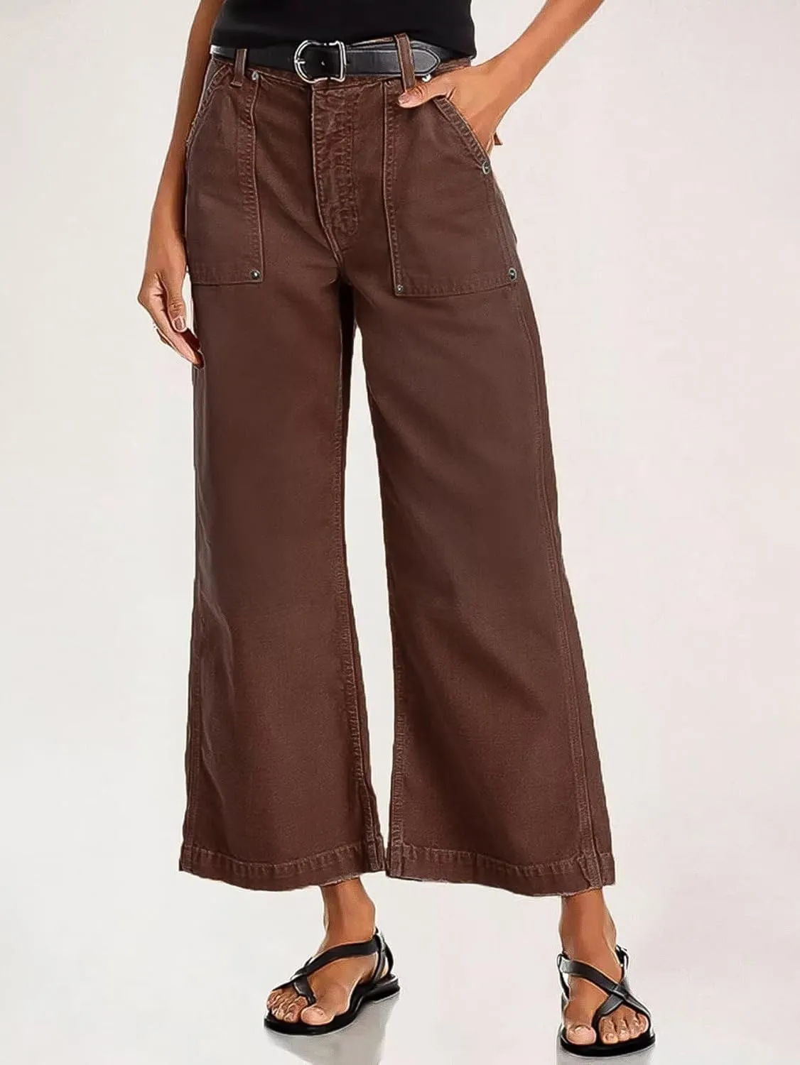 Flamingals Straight Wide Leg Jeans for Women Mid Waisted Casual Raw Hem Denim Capris Pants with Pockets