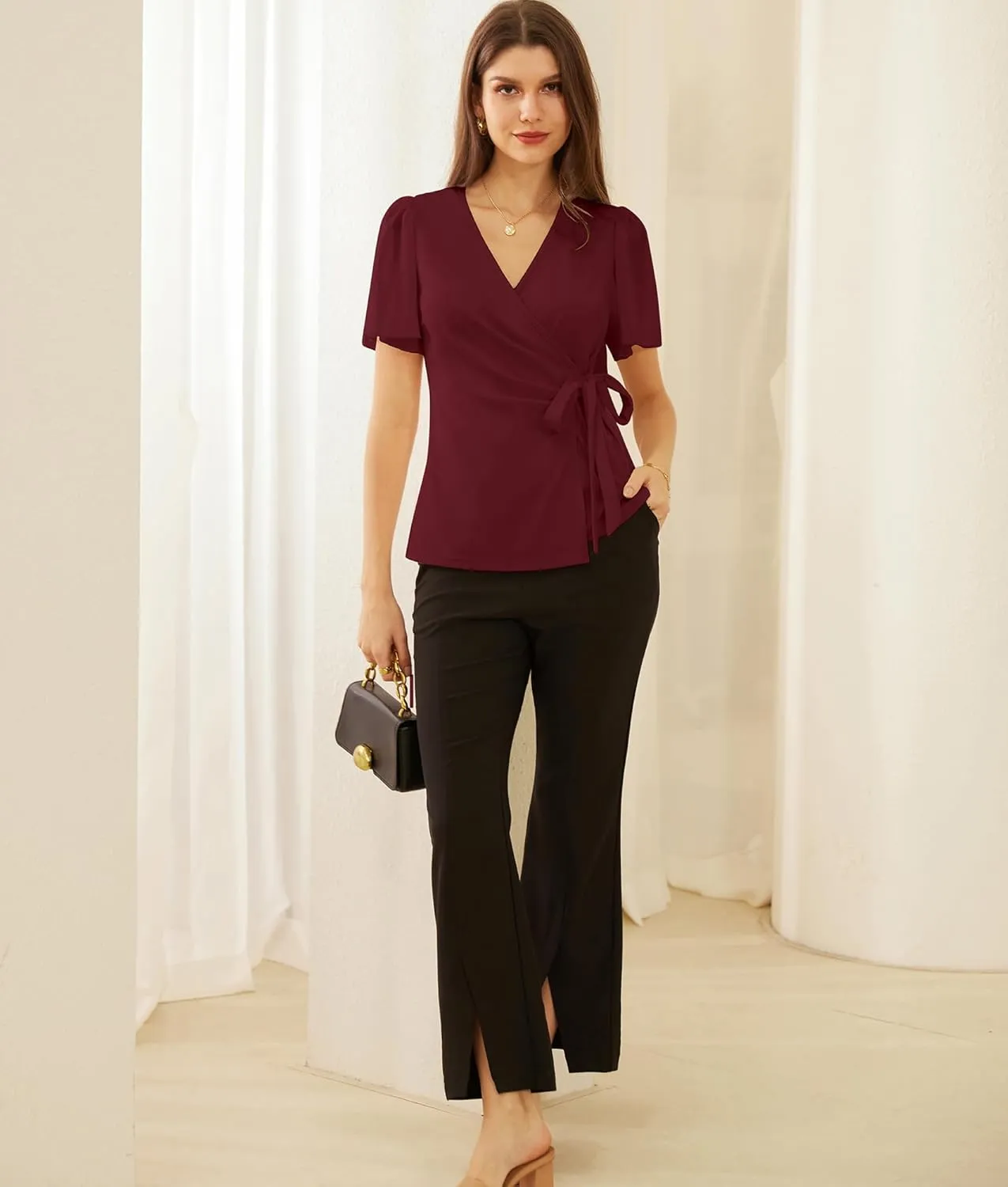 GRACE KARIN 2025 Womens Summer Tops Dressy Business Casual Chiffon Short Sleeve V-Neck Wrap Work Fitted Blouses