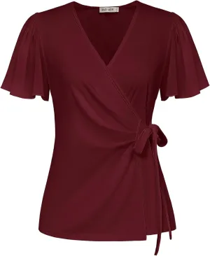 GRACE KARIN 2025 Womens Summer Tops Dressy Business Casual Chiffon Short Sleeve V-Neck Wrap Work Fitted Blouses