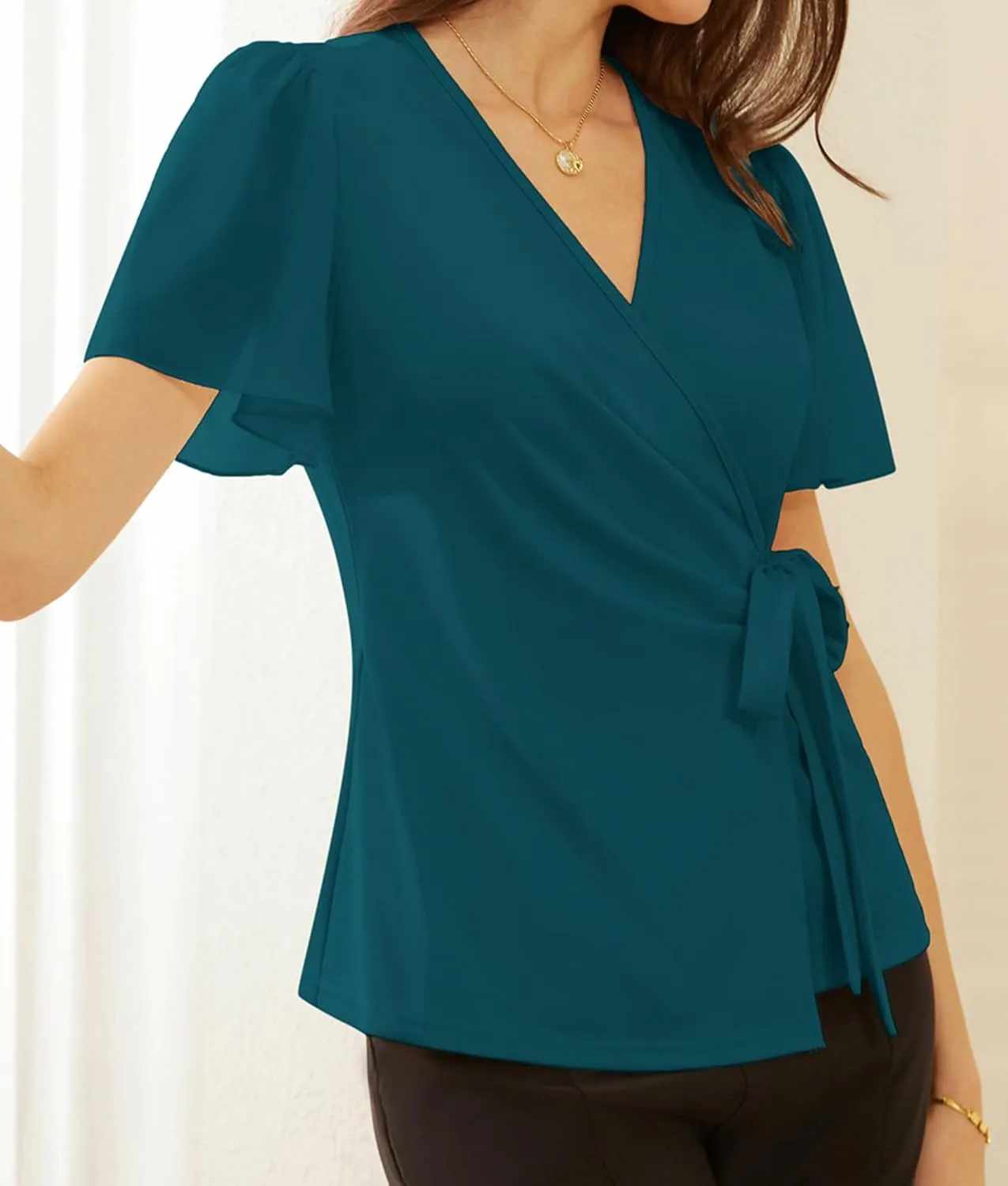 GRACE KARIN 2025 Womens Summer Tops Dressy Business Casual Chiffon Short Sleeve V-Neck Wrap Work Fitted Blouses