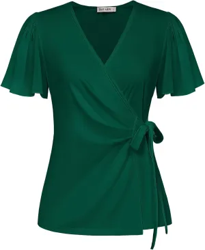 GRACE KARIN 2025 Womens Summer Tops Dressy Business Casual Chiffon Short Sleeve V-Neck Wrap Work Fitted Blouses