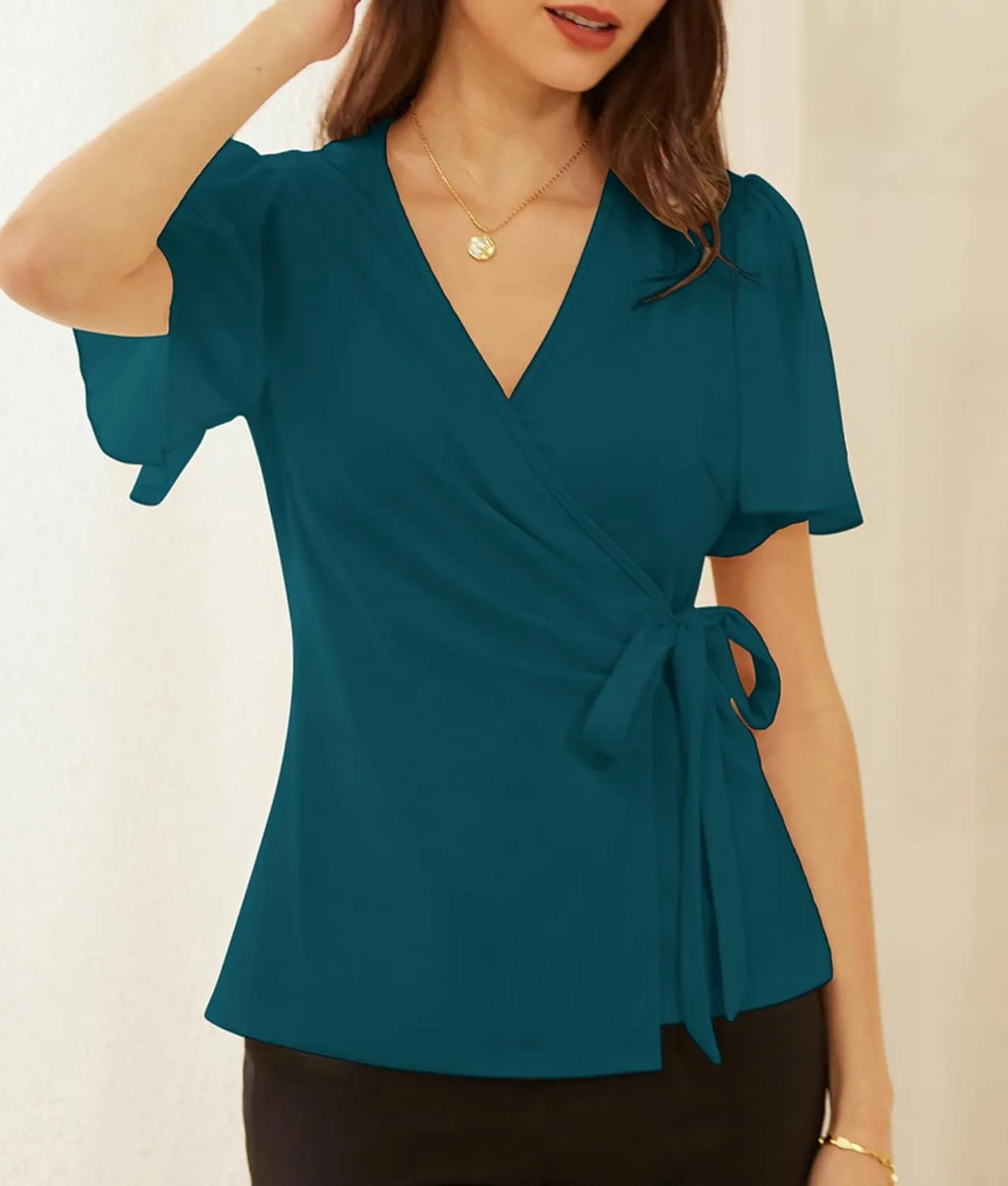 GRACE KARIN 2025 Womens Summer Tops Dressy Business Casual Chiffon Short Sleeve V-Neck Wrap Work Fitted Blouses