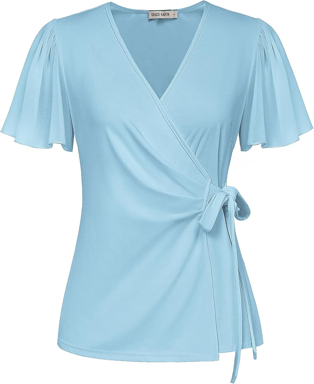 GRACE KARIN 2025 Womens Summer Tops Dressy Business Casual Chiffon Short Sleeve V-Neck Wrap Work Fitted Blouses