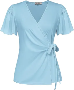 GRACE KARIN 2025 Womens Summer Tops Dressy Business Casual Chiffon Short Sleeve V-Neck Wrap Work Fitted Blouses