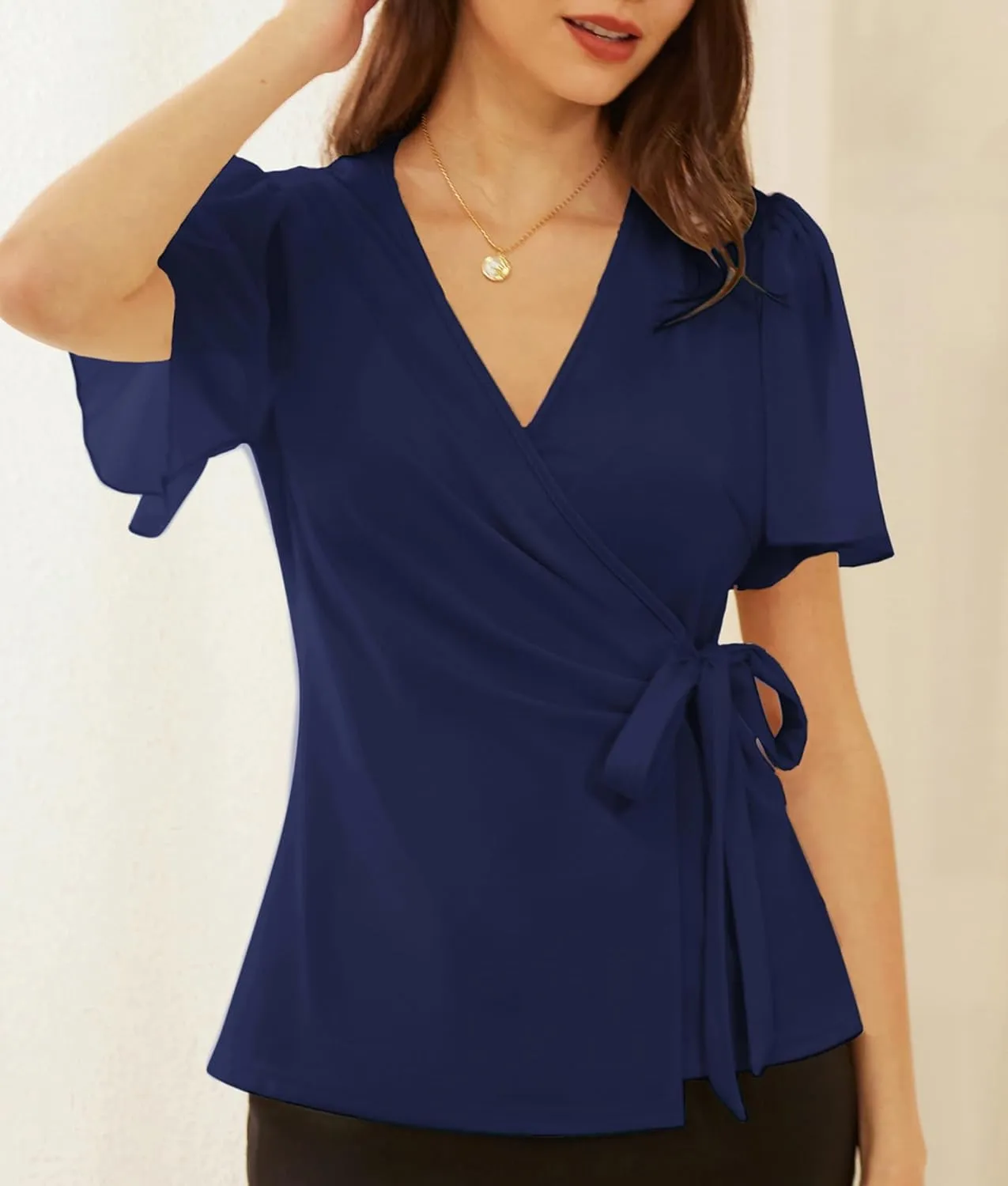 GRACE KARIN 2025 Womens Summer Tops Dressy Business Casual Chiffon Short Sleeve V-Neck Wrap Work Fitted Blouses