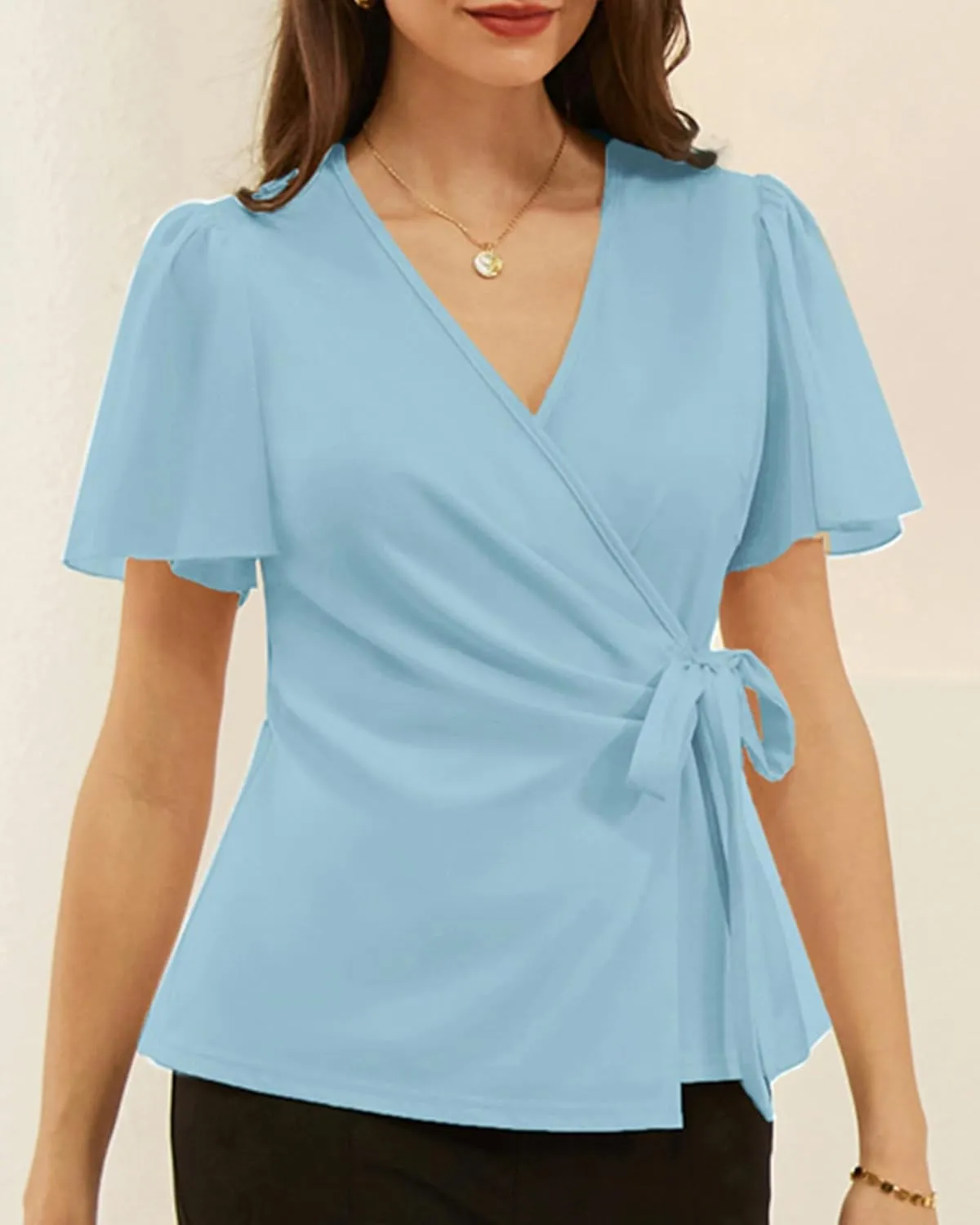 GRACE KARIN 2025 Womens Summer Tops Dressy Business Casual Chiffon Short Sleeve V-Neck Wrap Work Fitted Blouses