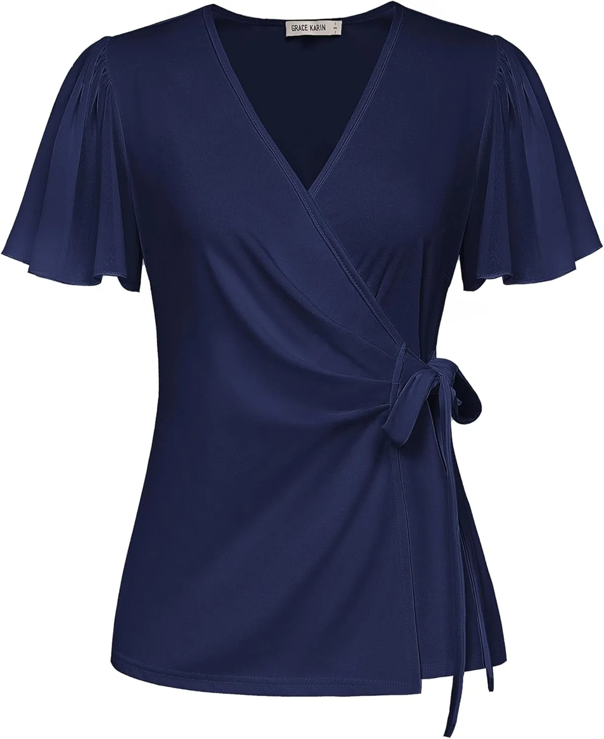 GRACE KARIN 2025 Womens Summer Tops Dressy Business Casual Chiffon Short Sleeve V-Neck Wrap Work Fitted Blouses