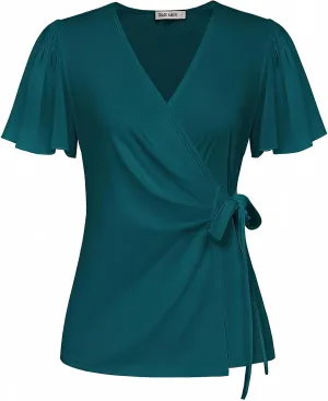 GRACE KARIN 2025 Womens Summer Tops Dressy Business Casual Chiffon Short Sleeve V-Neck Wrap Work Fitted Blouses